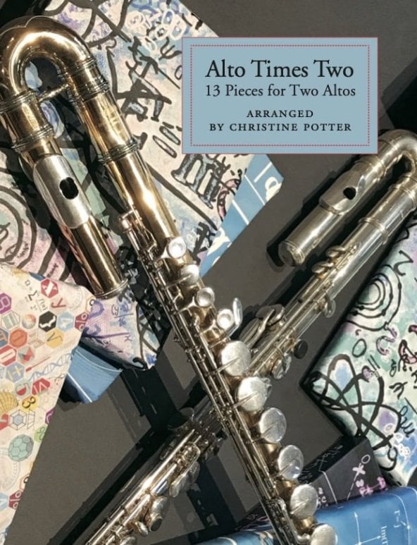 cover of sheet music showing two alto flutes and colorfully wrapped packages, arranged by Christine Potter as alto flute duets