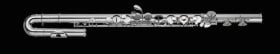 silver alto flute with curved headjoint and pointed keys on black background