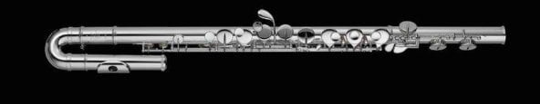 silver alto flute with curved headjoint and pointed keys on black background