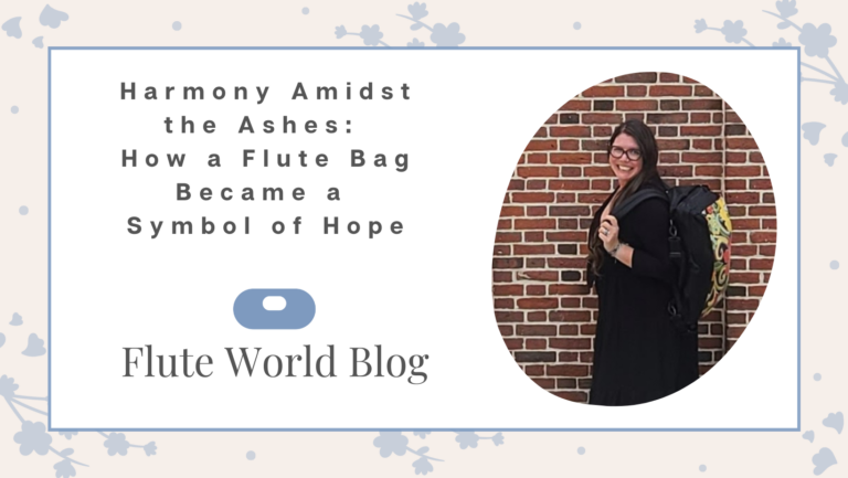 Harmony Among the Ashes: how a flute bag became a symbol of hope blog, photo of Moriah Ramos with Altier flute bag, brick wall background in Boston